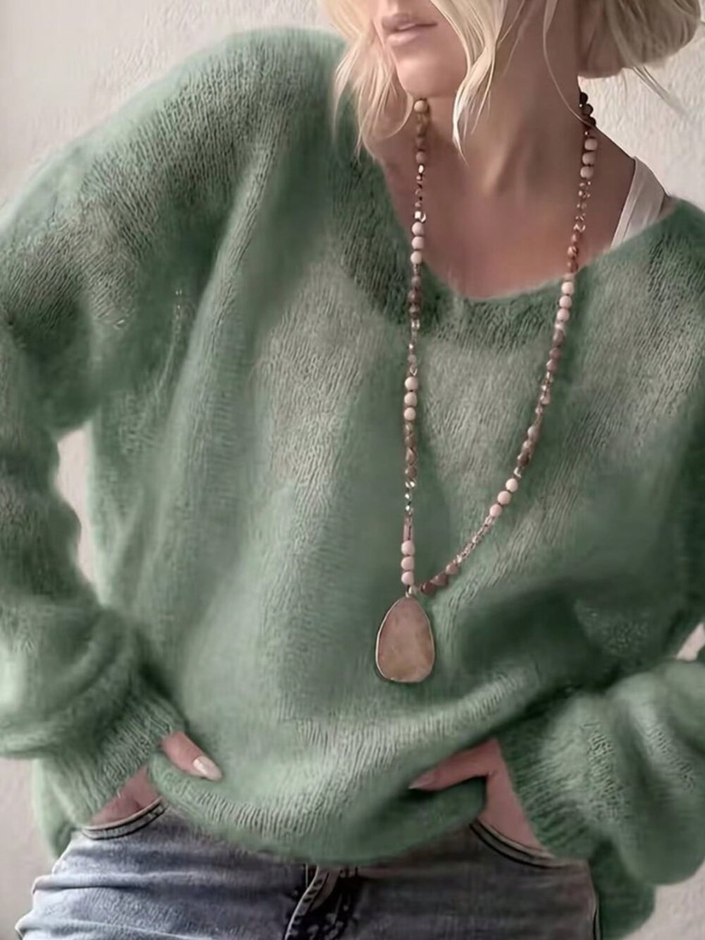 Dark Green Casual Women's Fuzzy Drop Shoulder Round Neck Loose Pullovers